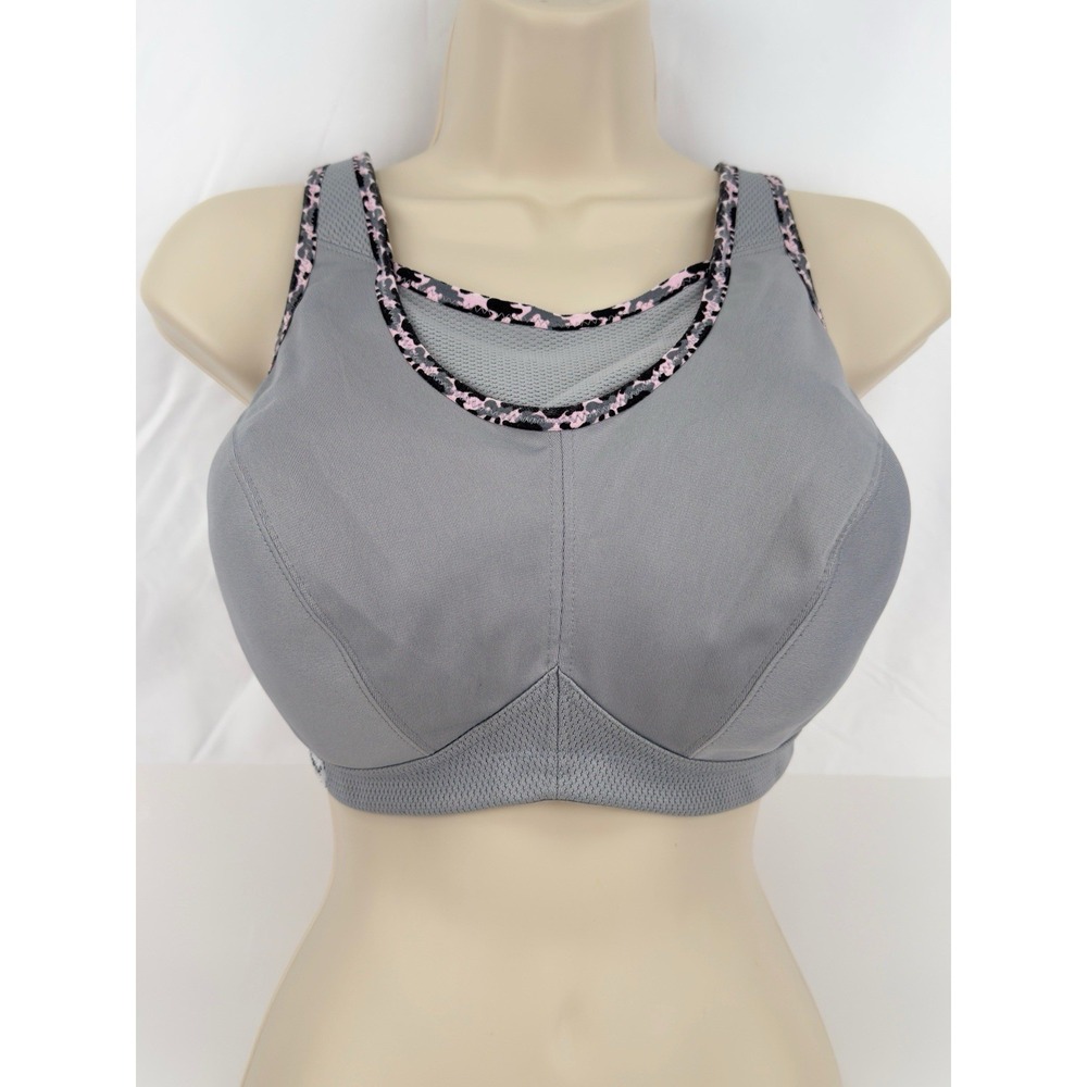 Glamorise No Bounce Sports Bra Gray Pink Camo Size 36F Wirefree Full Coverage